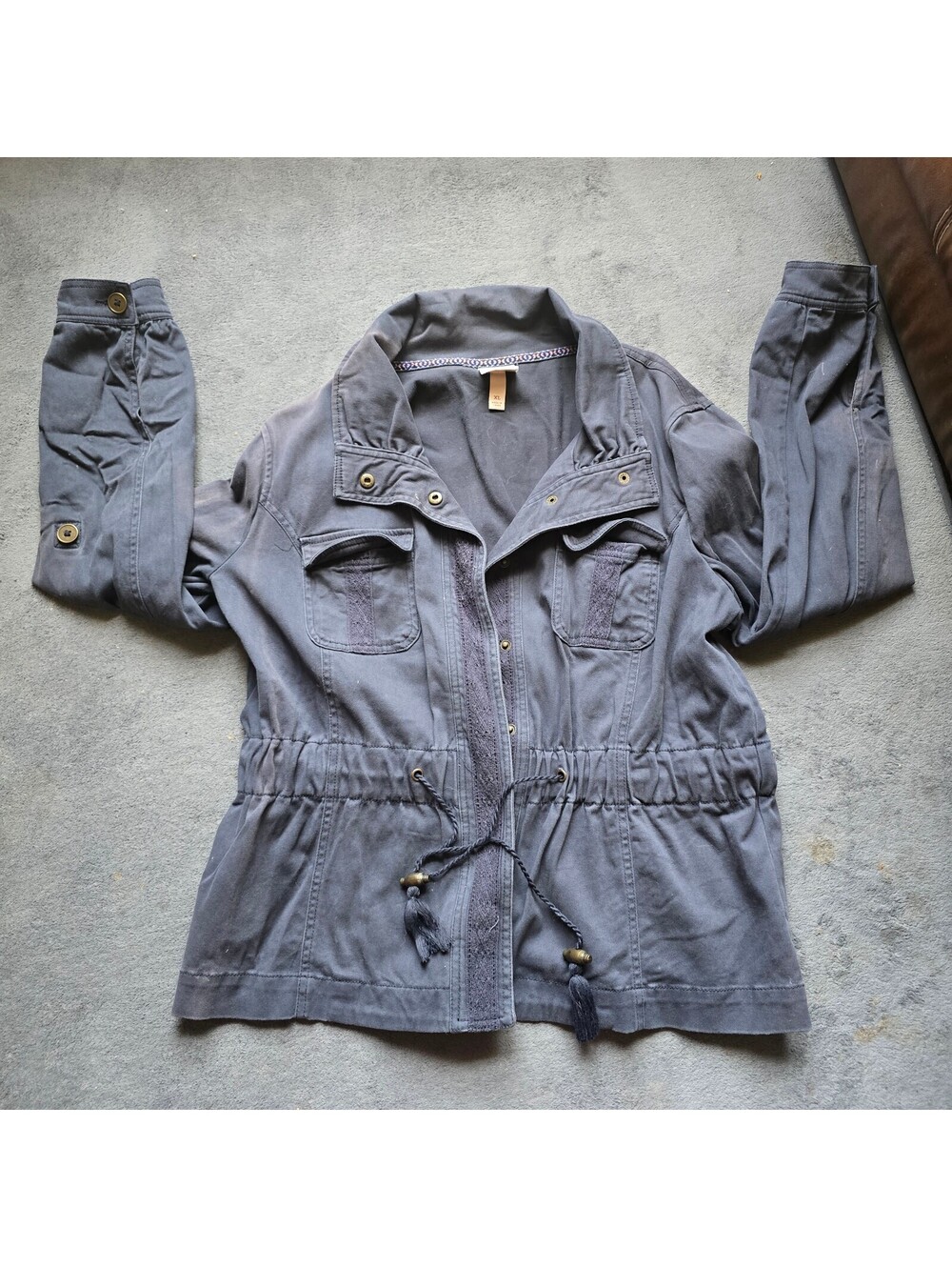 Knox Rose Women XL Gray Utility Jacket Lace Trim Drawstring Waist Field Jacket